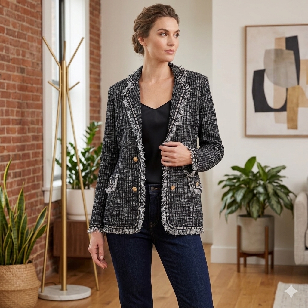 Womenâs Black & White Tweed Fringe-Trim Blazer